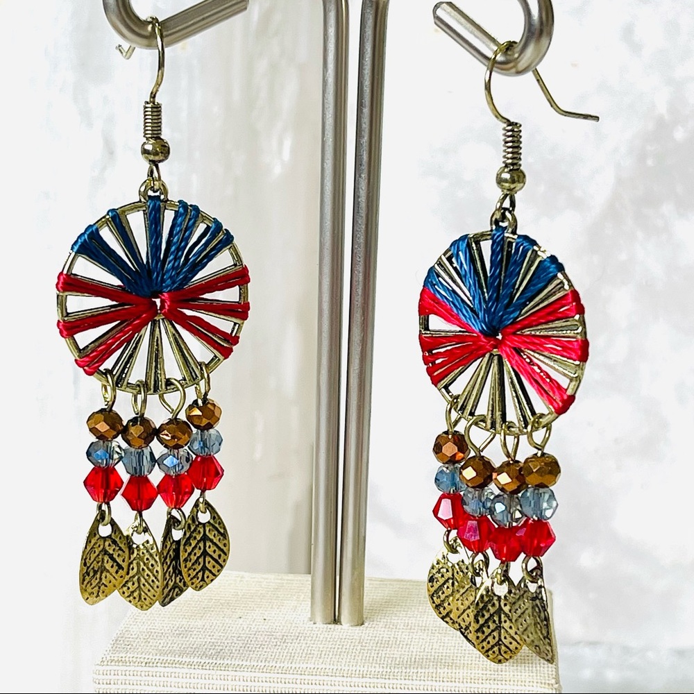 BOHO WHEEL Southwestern pinwheel DANGLE earring with gold feather leaf tassels